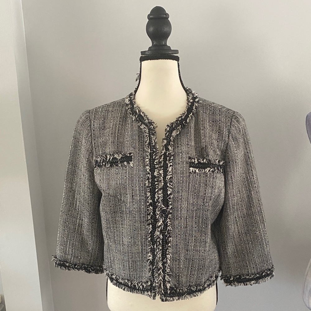 Boston Proper Gray Tweed Fringe-Trim Cropped Blazer